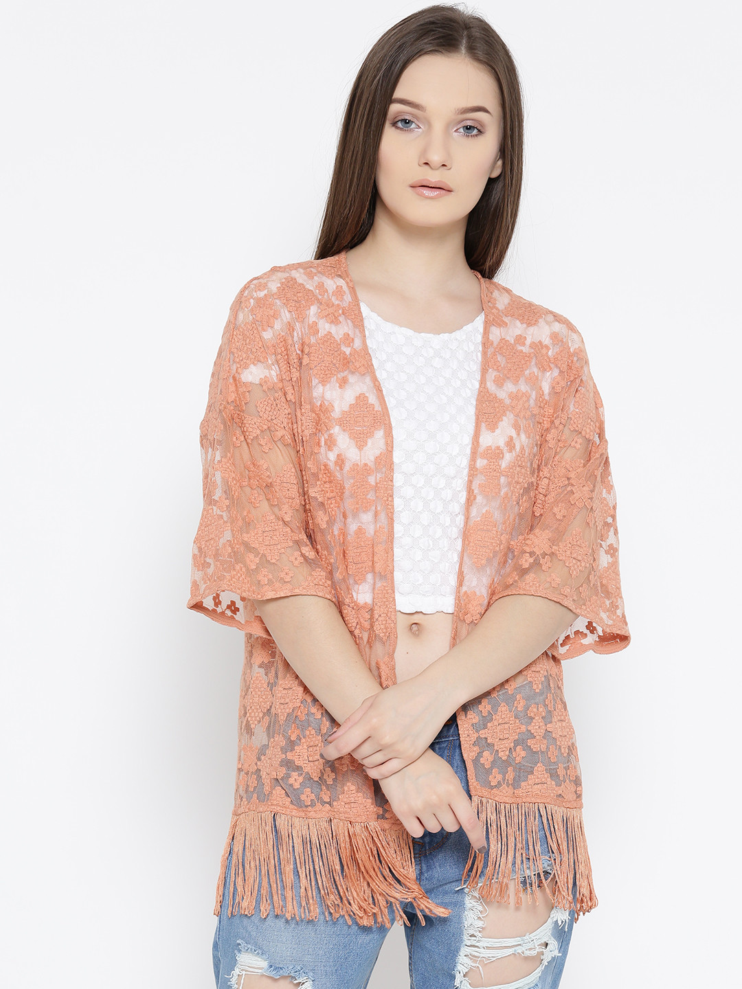 Buy FOREVER 21 Peach Coloured Lace Sheer Shrug Shrug for Women 2059856 Myntra