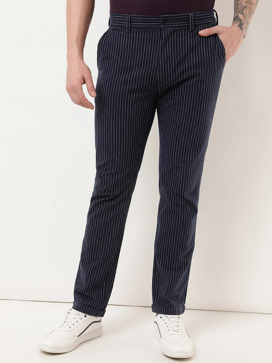 Buy Marks & Spencer Men Navy Blue Striped Trousers - Trousers for Men ...