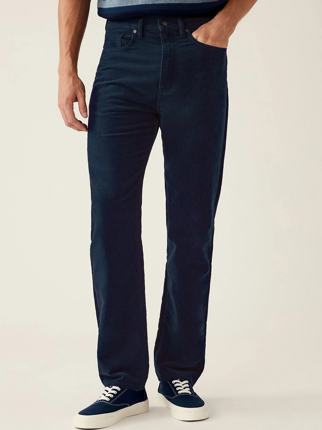 Buy Marks & Spencer Men Navy Blue Solid Chinos Trousers - Trousers for ...
