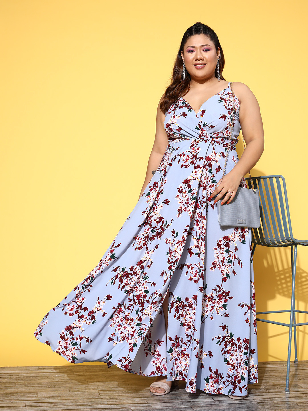 Buy Berrylush Curve Plus Size Blue Floral Crepe Fit & Flare Maxi Dress