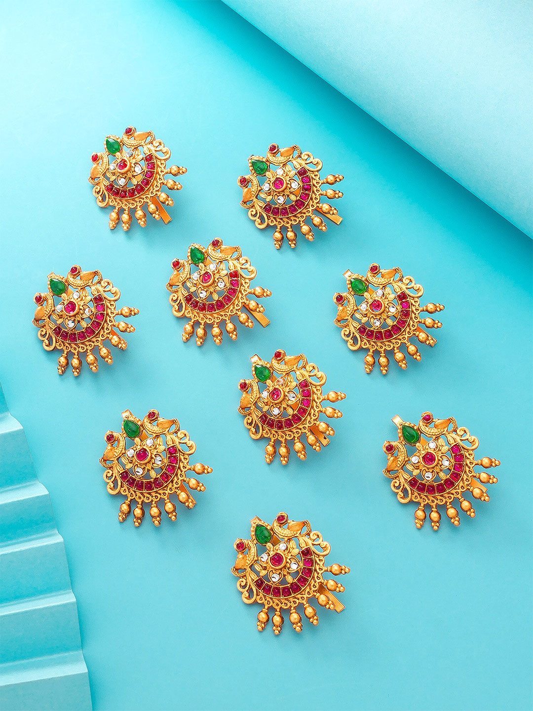 Buy Aadita Women Set Of 9 Gold Toned & Red Hair Accessory Hair