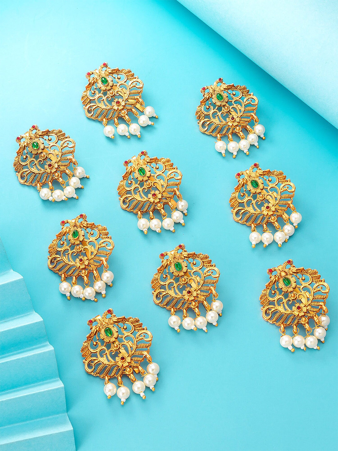 Buy Aadita Women Set Of 9 Gold Toned & Off White Hair Accessory Hair