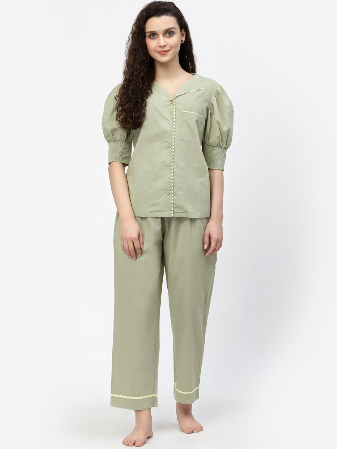 Womens Olive Green Ikat Printed Night Suit main image 1