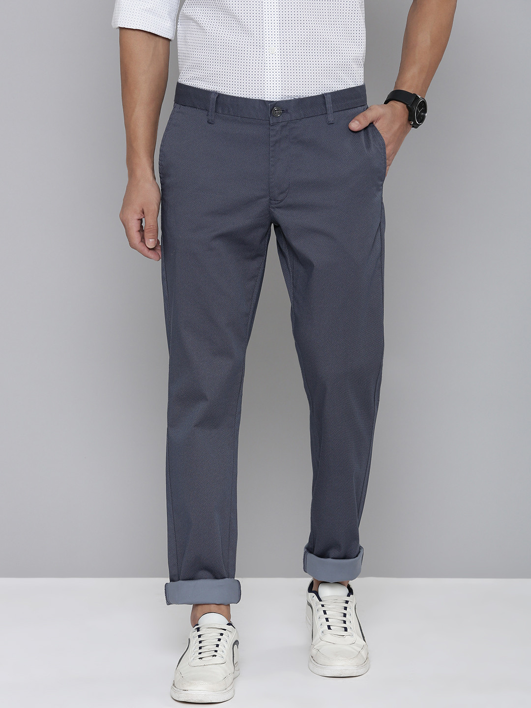 Buy Indian Terrain Men Pure Cotton Textured Brooklyn Slim Fit Trousers ...