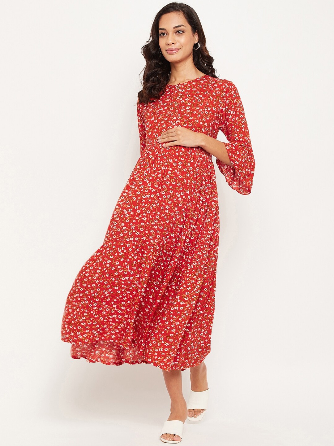 Buy Nabia Maternity Women Red And Beige Floral Midi Dress Dresses For Women 20607266 Myntra 