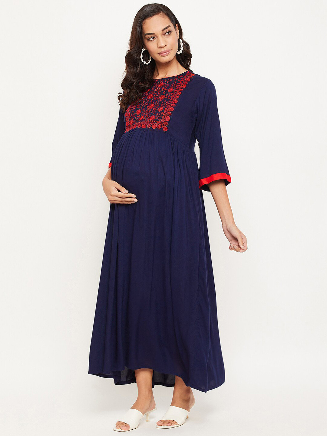 Buy NABIA Maternity Women Blue & Red Floral Embroidered Maxi Dress