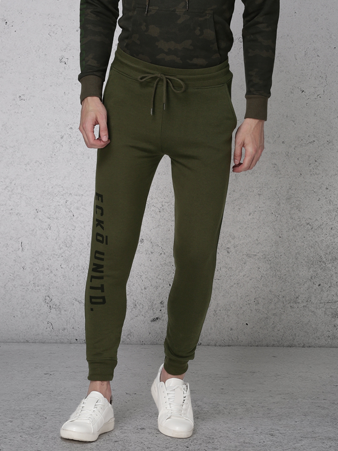 Buy Ecko Unltd Olive Green Slim Fit Printed Joggers - Track Pants for ...