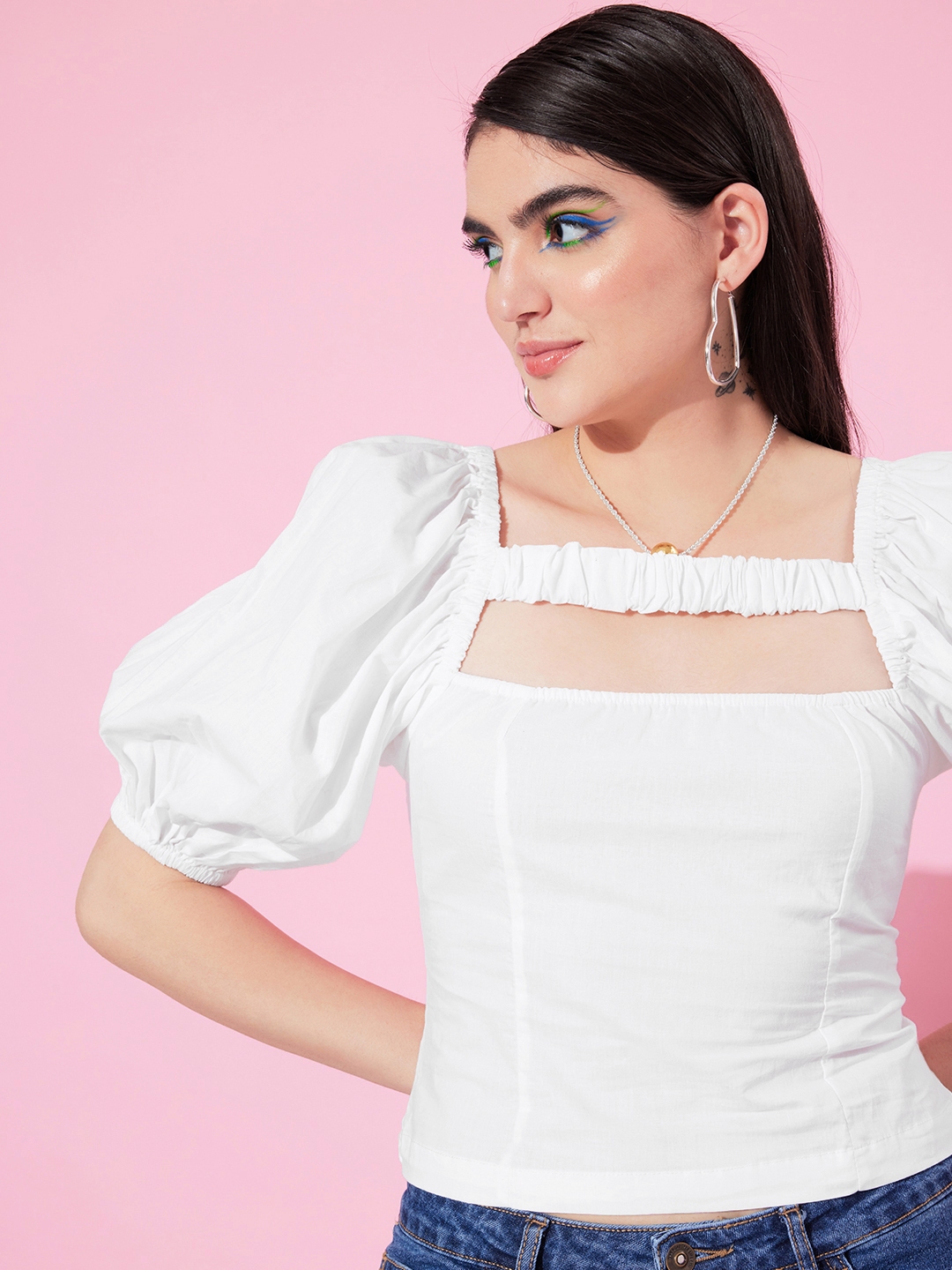 Buy Roadster Puff Sleeve Smocked Cotton Top - Tops for Women 20610838 ...