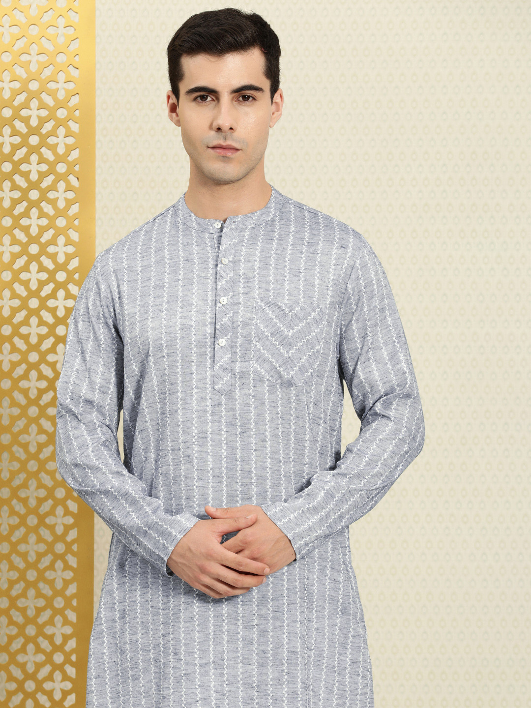 Buy House Of Pataudi Men Woven Design Band Collar Striped Rozana Kurta