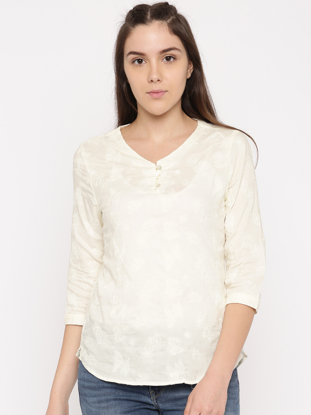 Buy Levis Women Cream Coloured Embroidered Pure Cotton Top Tops for
