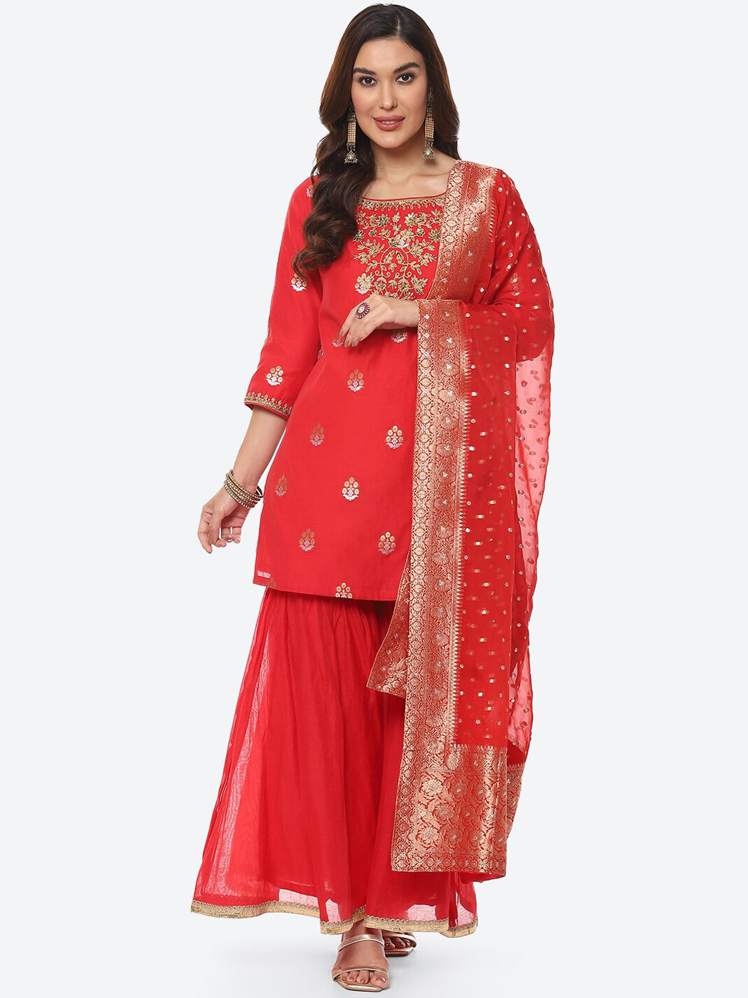 Buy Biba Women Red Floral Embroidered Kurta With Sharara & With Dupatta