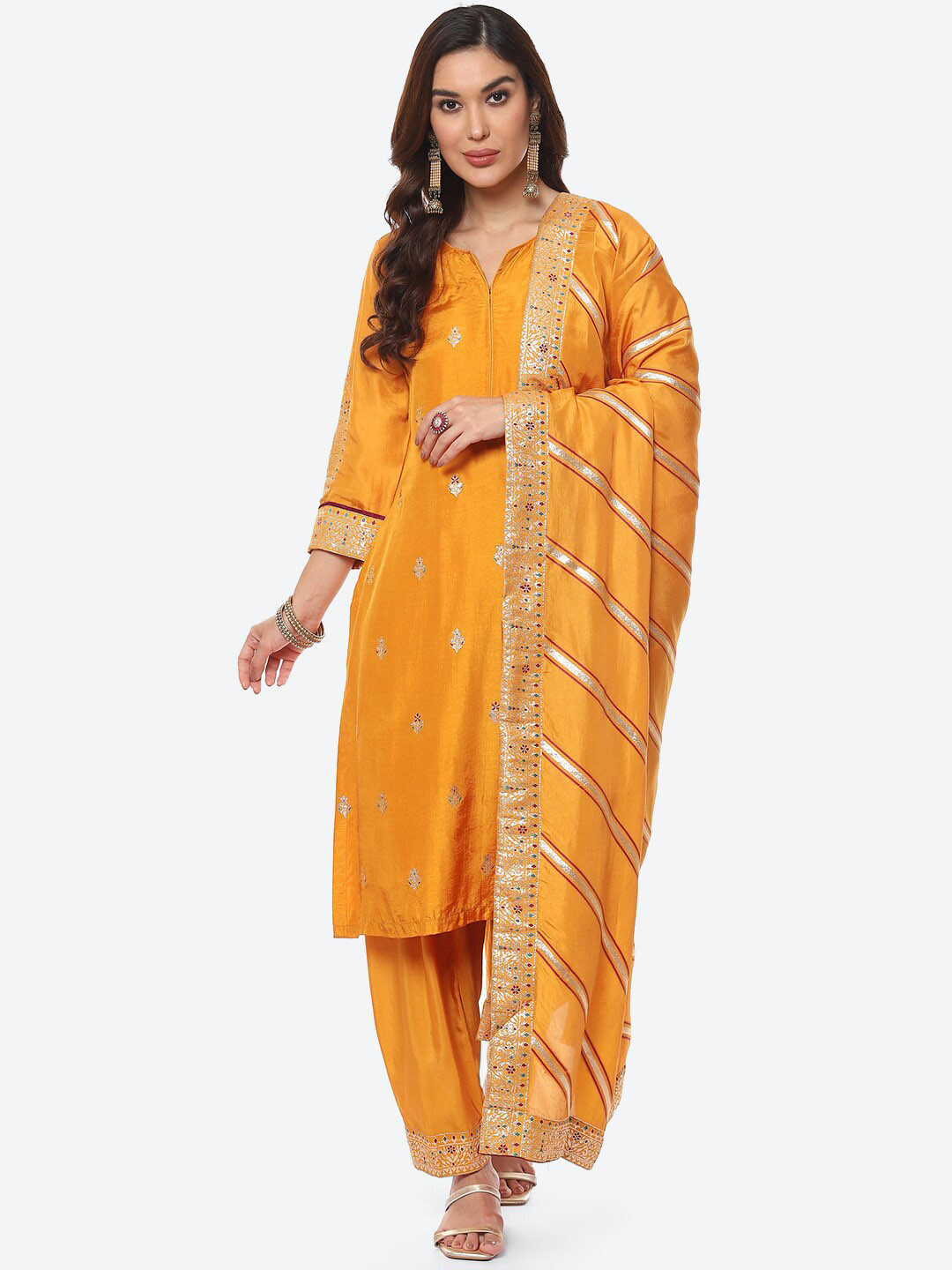 Buy Biba Women Mustard Floral Printed Kurta With Patiala & With Dupatta
