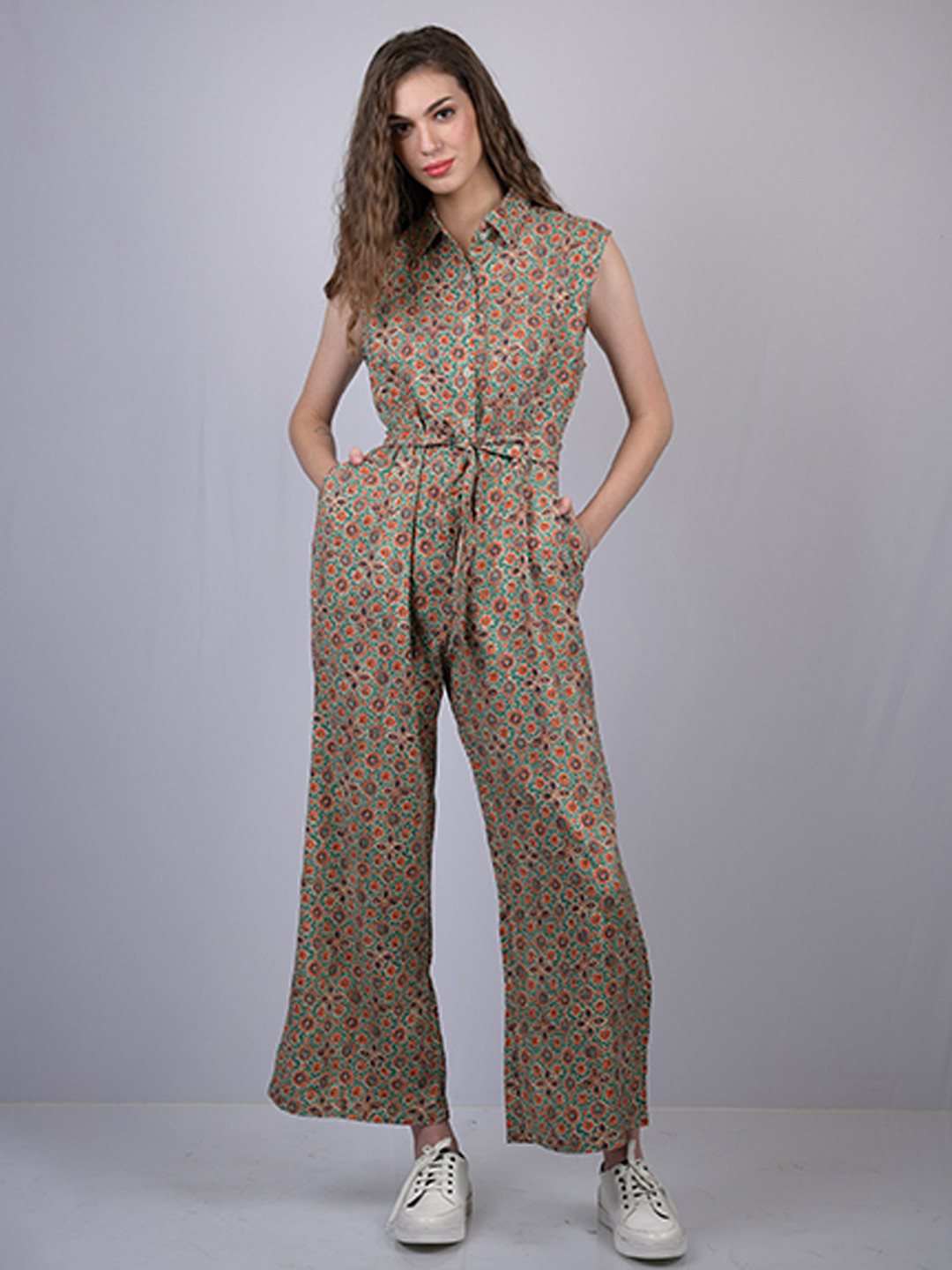 Buy OWO THE LABEL Green & Orange Printed Cotton Basic Jumpsuit Jumpsuit for Women 20623934