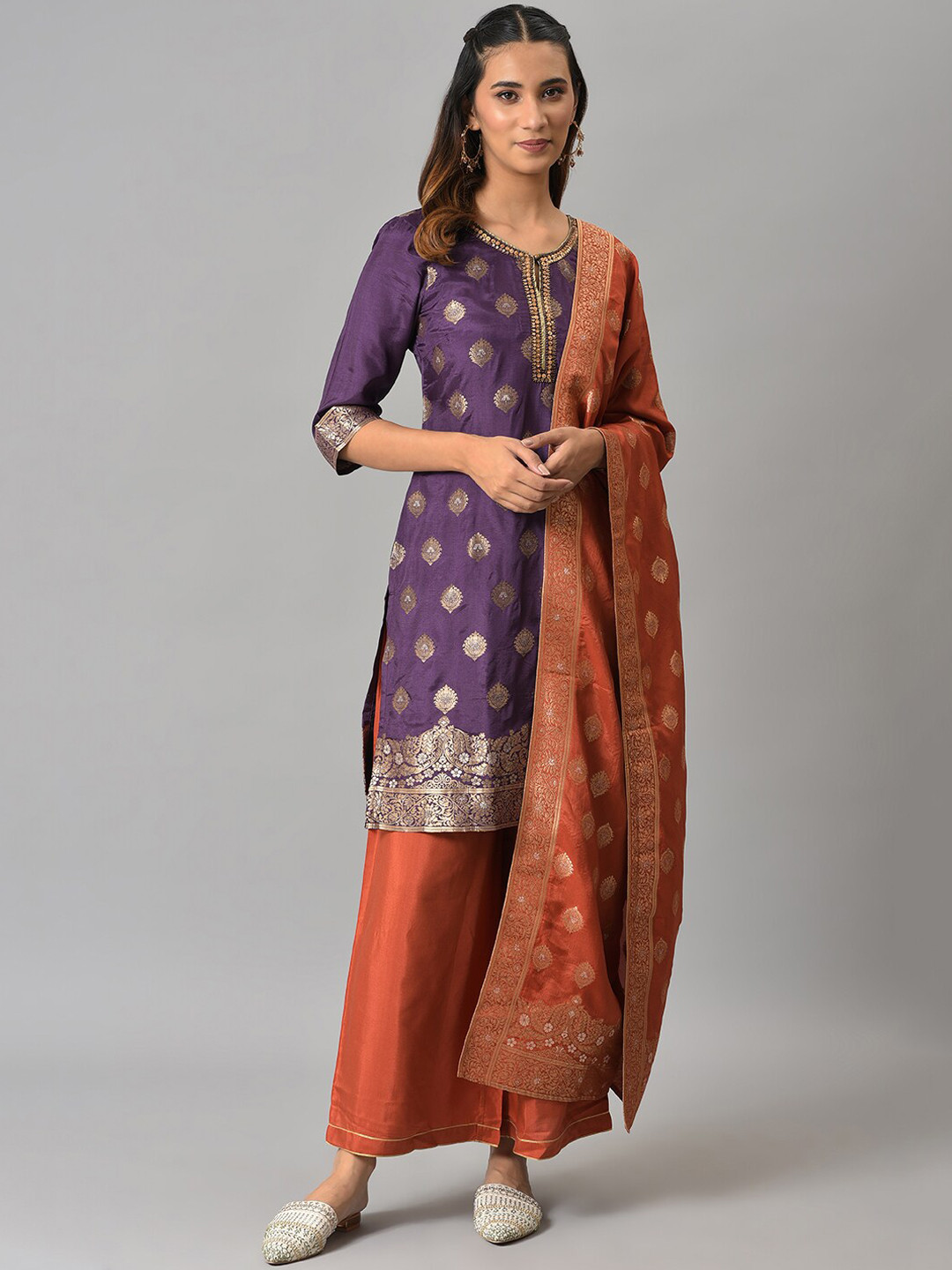 Women Poly Viscose Purple Floral Print Kurta Trouser Dupatta