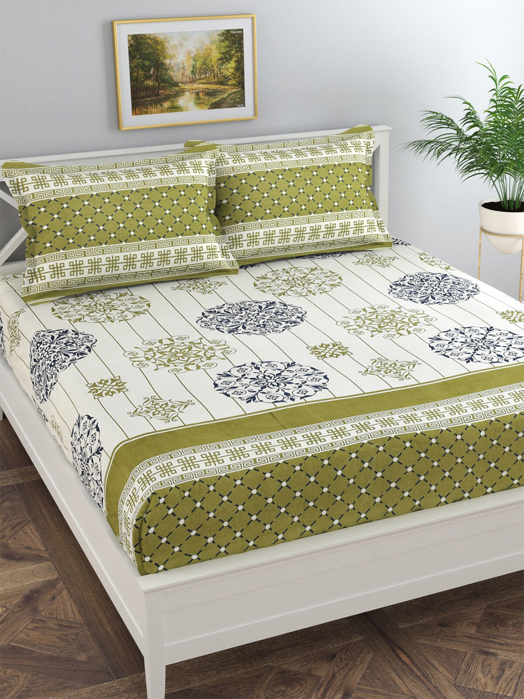 Buy Florida Green & Off White Floral 300 TC Cotton King Bedsheet With 2