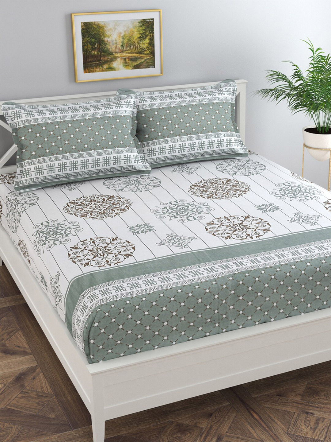 Buy Florida Green & White Ethnic Motifs 300 TC Cotton King Bedsheet