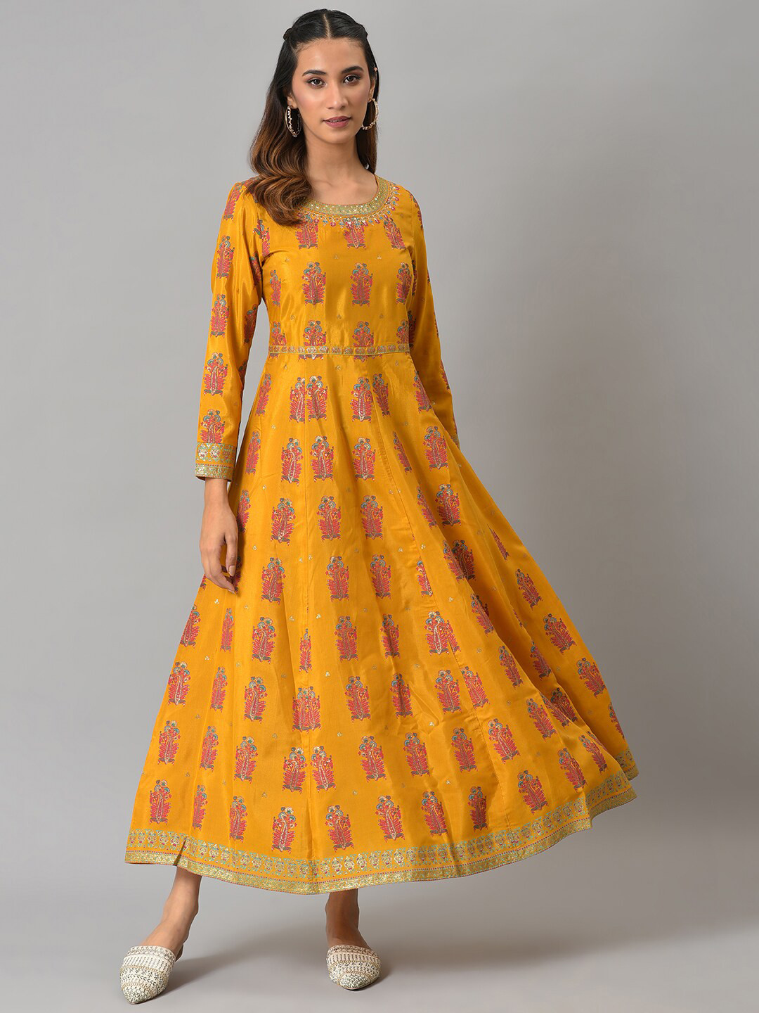 Buy Yellow Ethnic Motifs Print Maxi Dress with Peach Dupatta – Indiaista