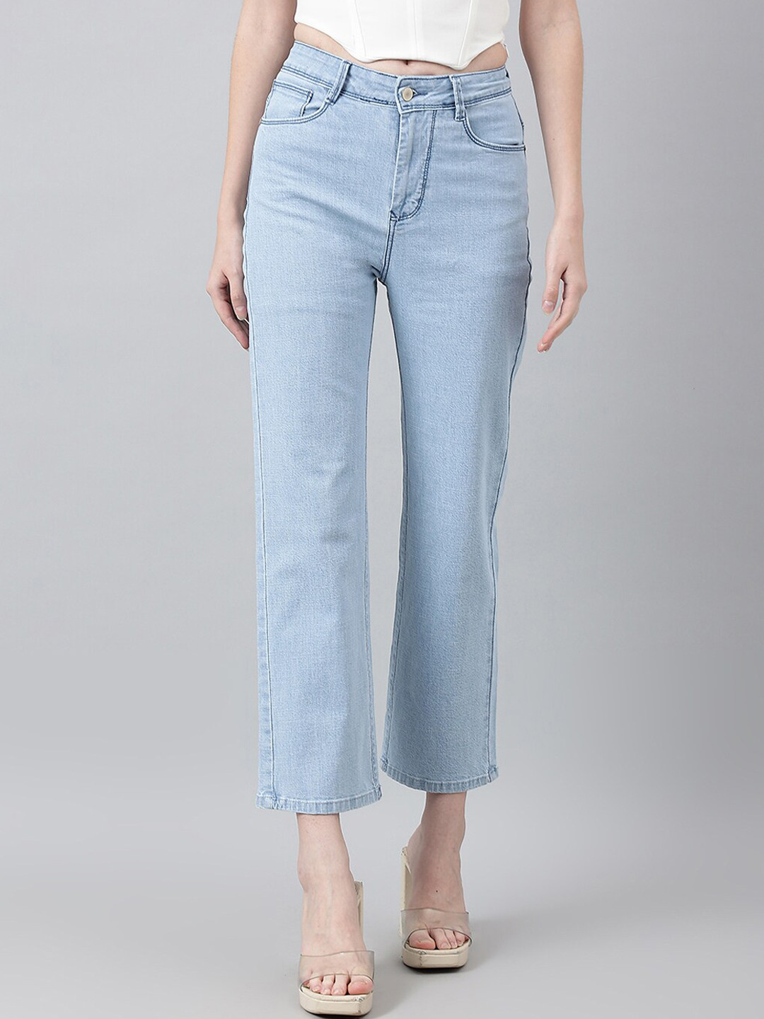 Women's Blue Relaxed Fit High-Rise Low Distress Light Fade Stretchable Denim Jeans