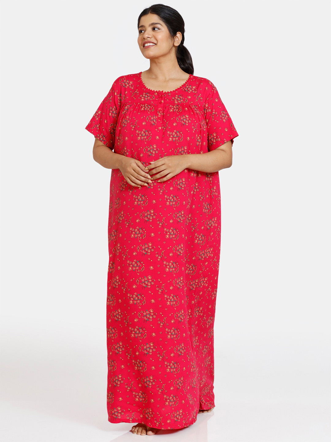 Buy Zivame Women Plus Size Red Floral Printed Maxi Nightdress