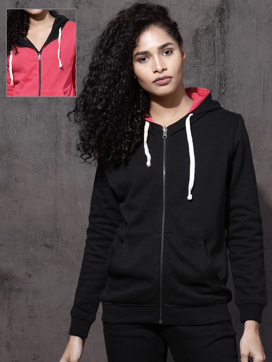 Buy Roadster Women Pink & Black Solid Hooded Sweatshirt - Sweatshirts for Women 2063735 | Myntra