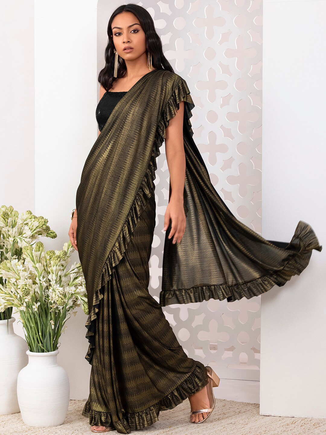 Inddus Black Silver-Toned Floral Sequinned Saree