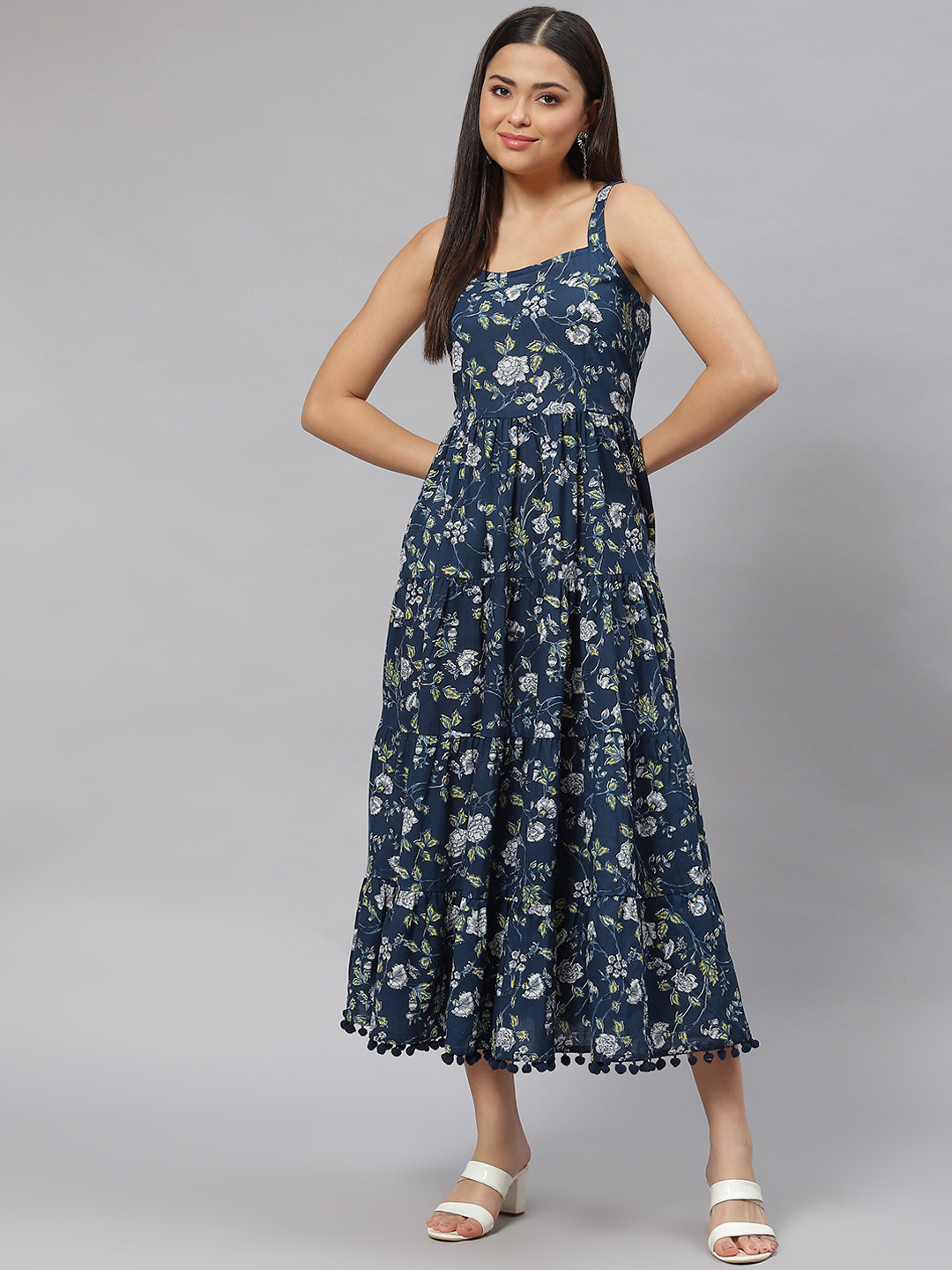 Devina | Blue Porcelain Print Square-Neck Belted Midi-Dress
