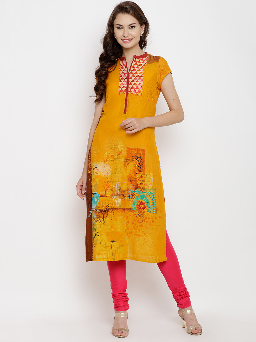 Buy Biba Women Mustard Yellow Printed Straight Kurta Kurtas for Women
