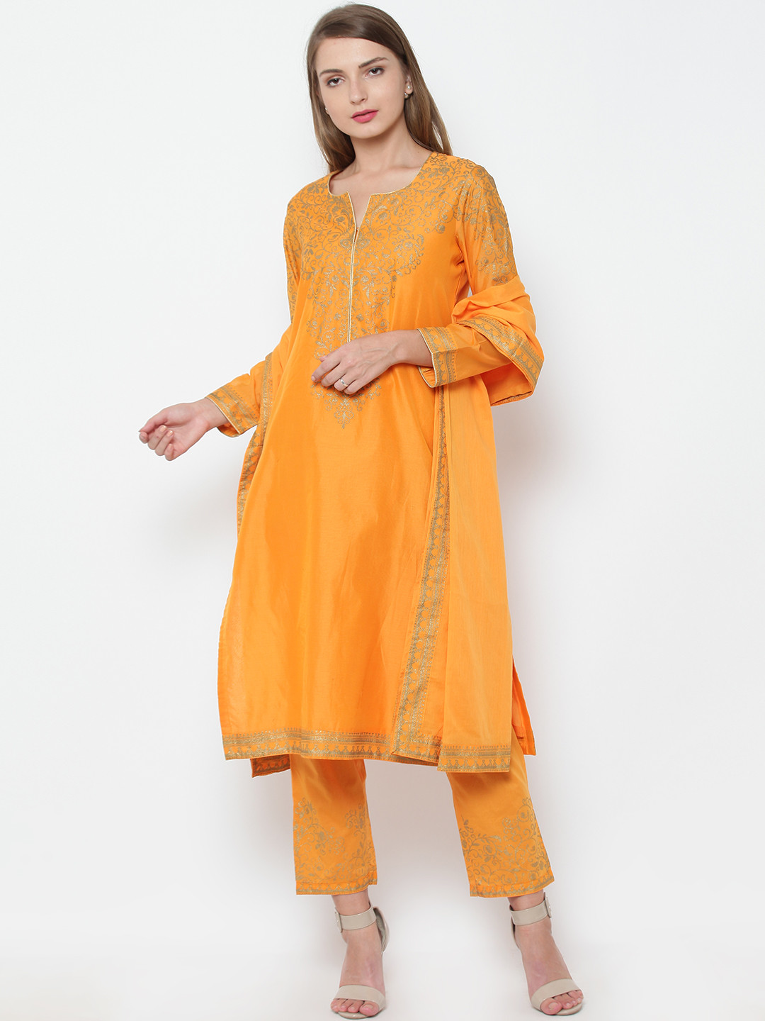 Buy Biba Women Yellow Printed Kurta With Trousers & Dupatta Kurta