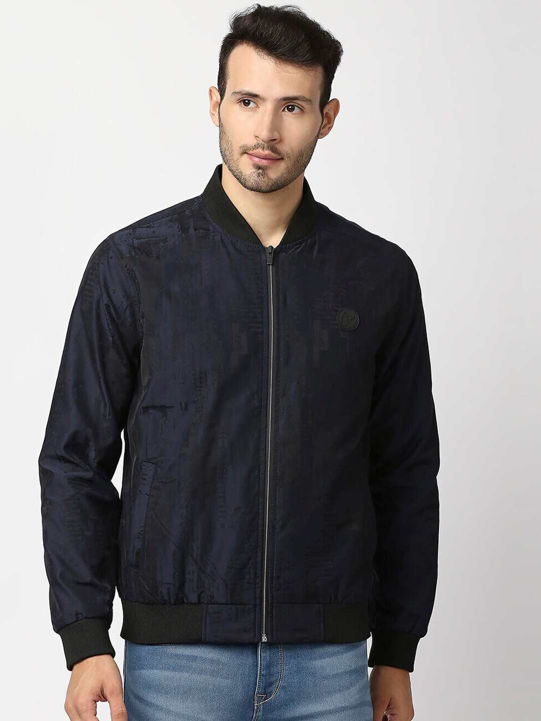 Men's Blue Lightweight Bomber with Patchwork Jacket