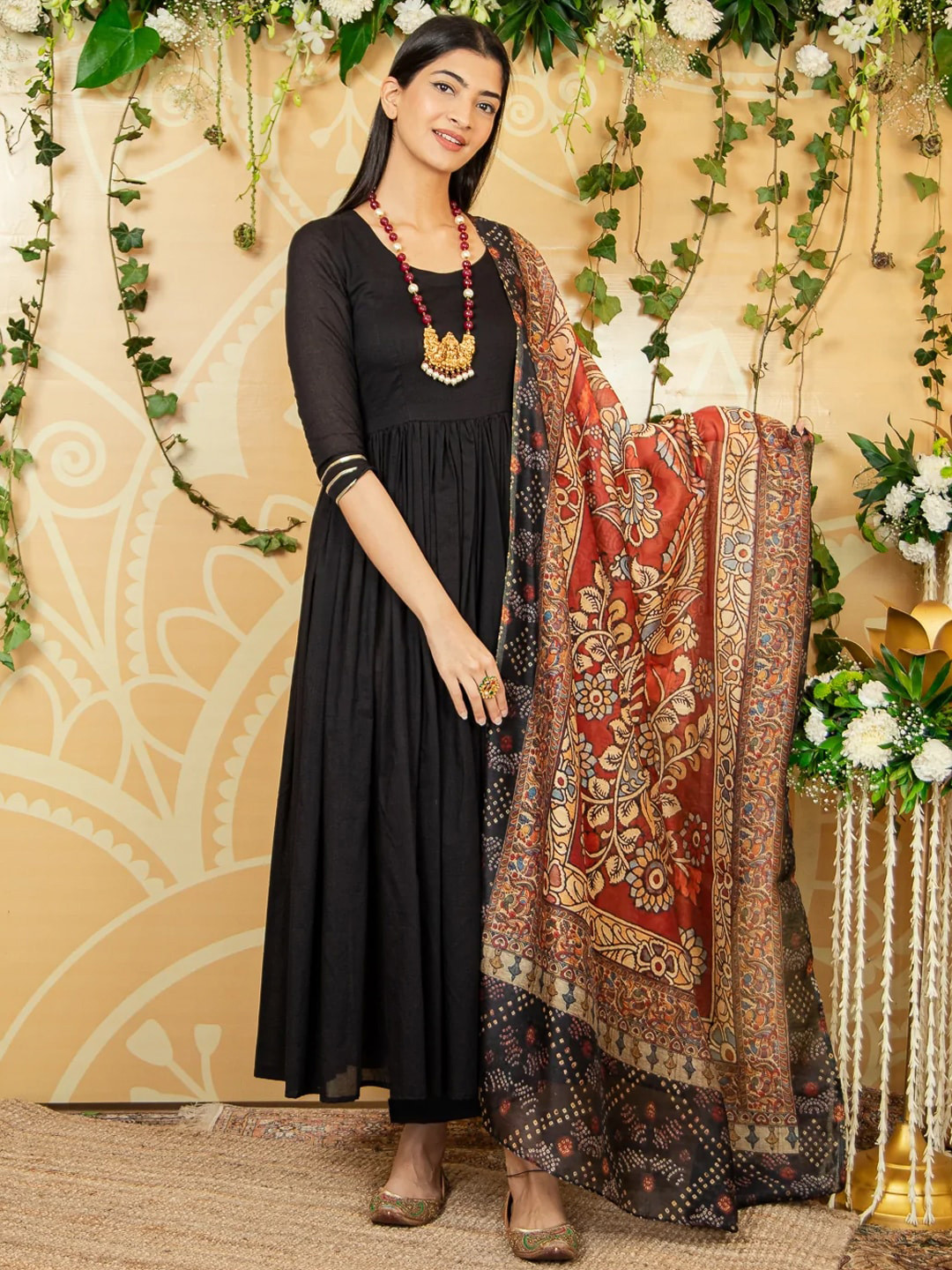 Women Black Embroidered Straight Kurta Trousers With Dupatta Set
