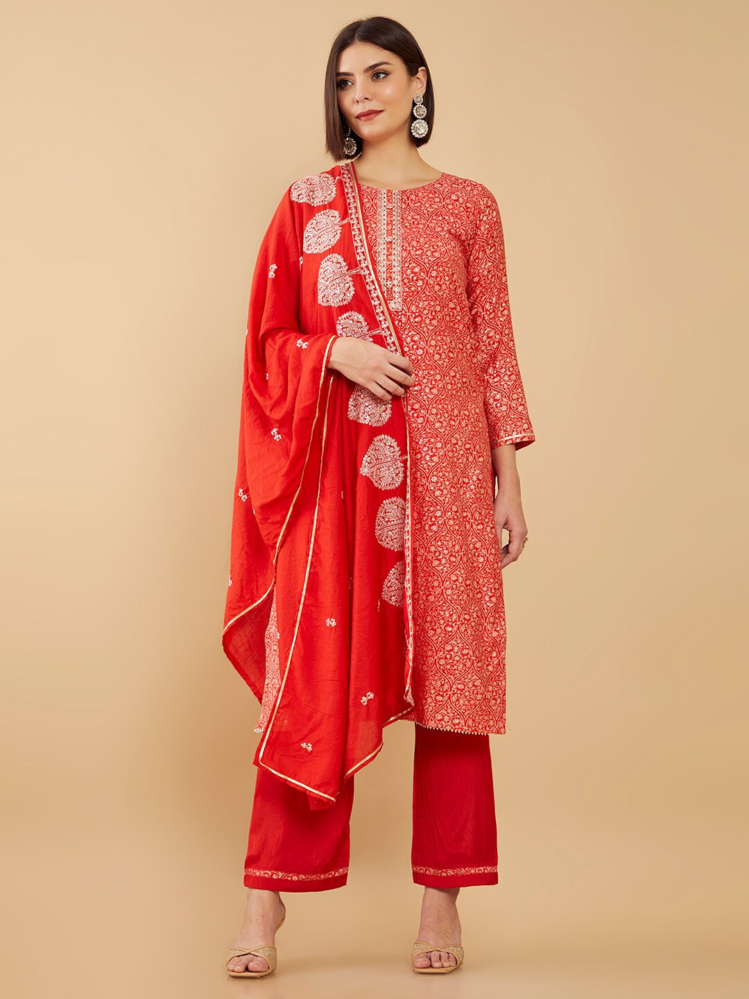 Buy Soch Red & Gold Toned Embroidered Unstitched Dress Material Dress