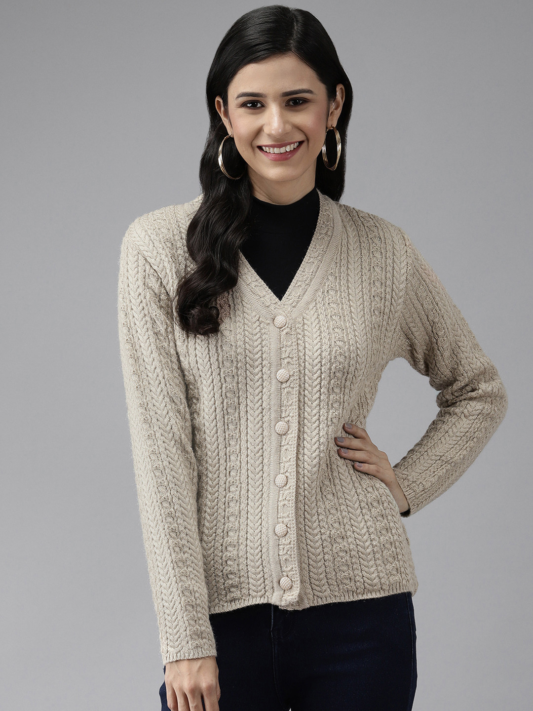 Buy Cayman Women Beige Solid Woolen Cardigan Sweaters for Women