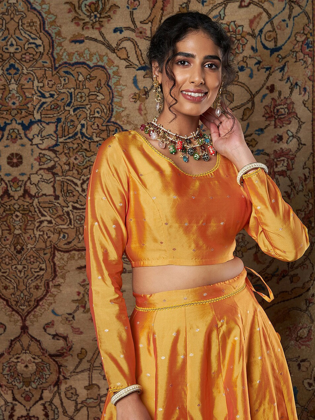 Buy Shae By SASSAFRAS Mustard Yellow Print Styled Back Jacquard Crop