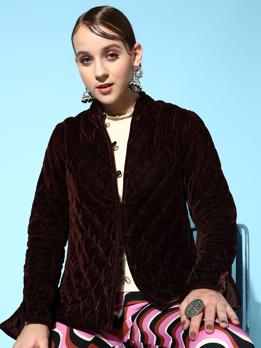 Buy Shae By SASSAFRAS Women Brown Velvet Mandarin Collar Quilted Jacket