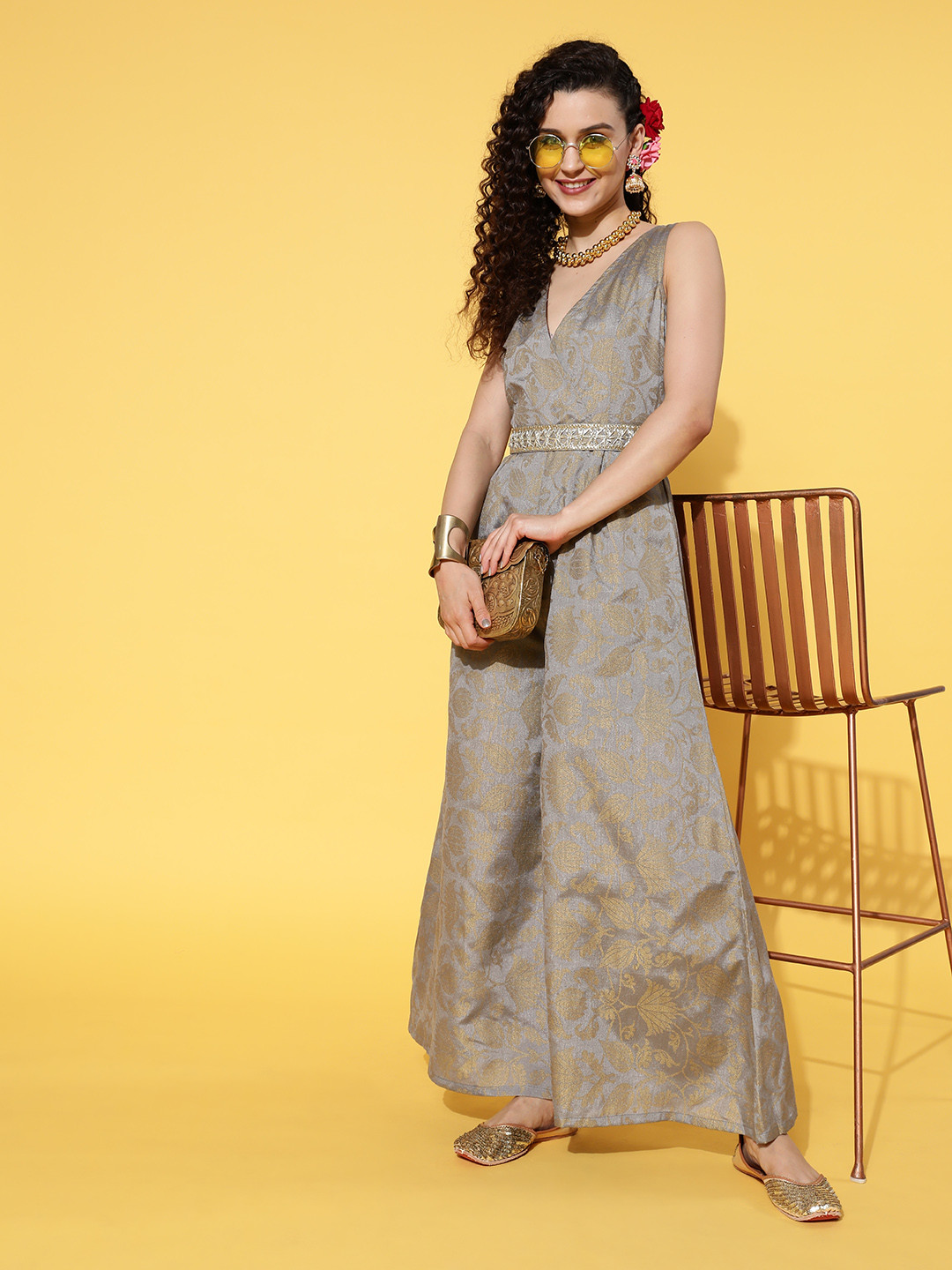 Buy Shae By SASSAFRAS Women Grey & Gold Toned Woven Deisgn Culotte