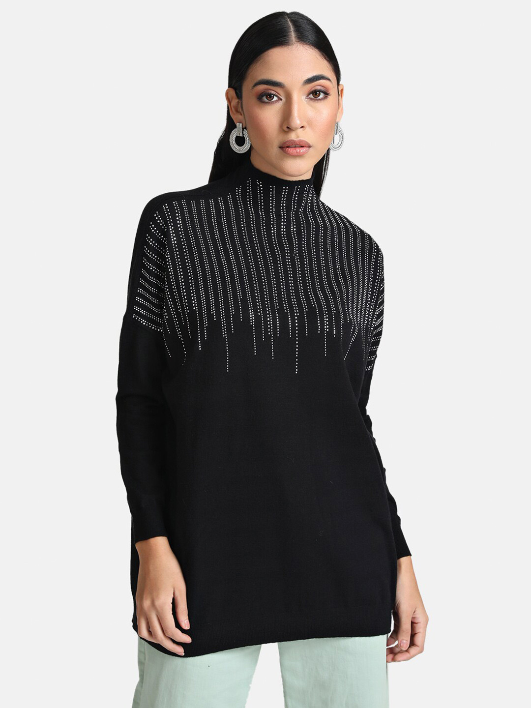 Black & White Striped Knit Quarter-Zip Long Sleeve Pullover Sweater main image 1