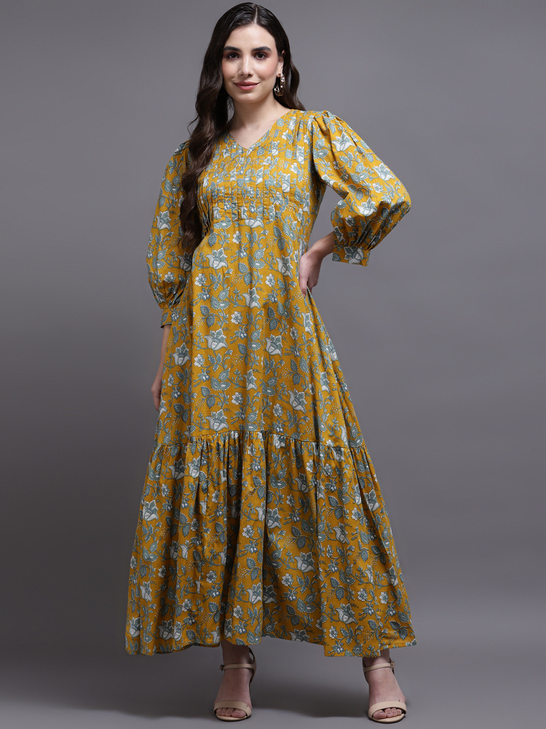 Buy KALINI Women Mustard Yellow Floral V Neck Maxi Dress Dresses for Women 20662758 Myntra