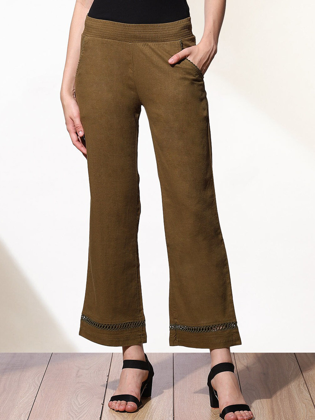Buy Lakshita Women Khaki Corduroy Boot Cut Trousers Trousers for