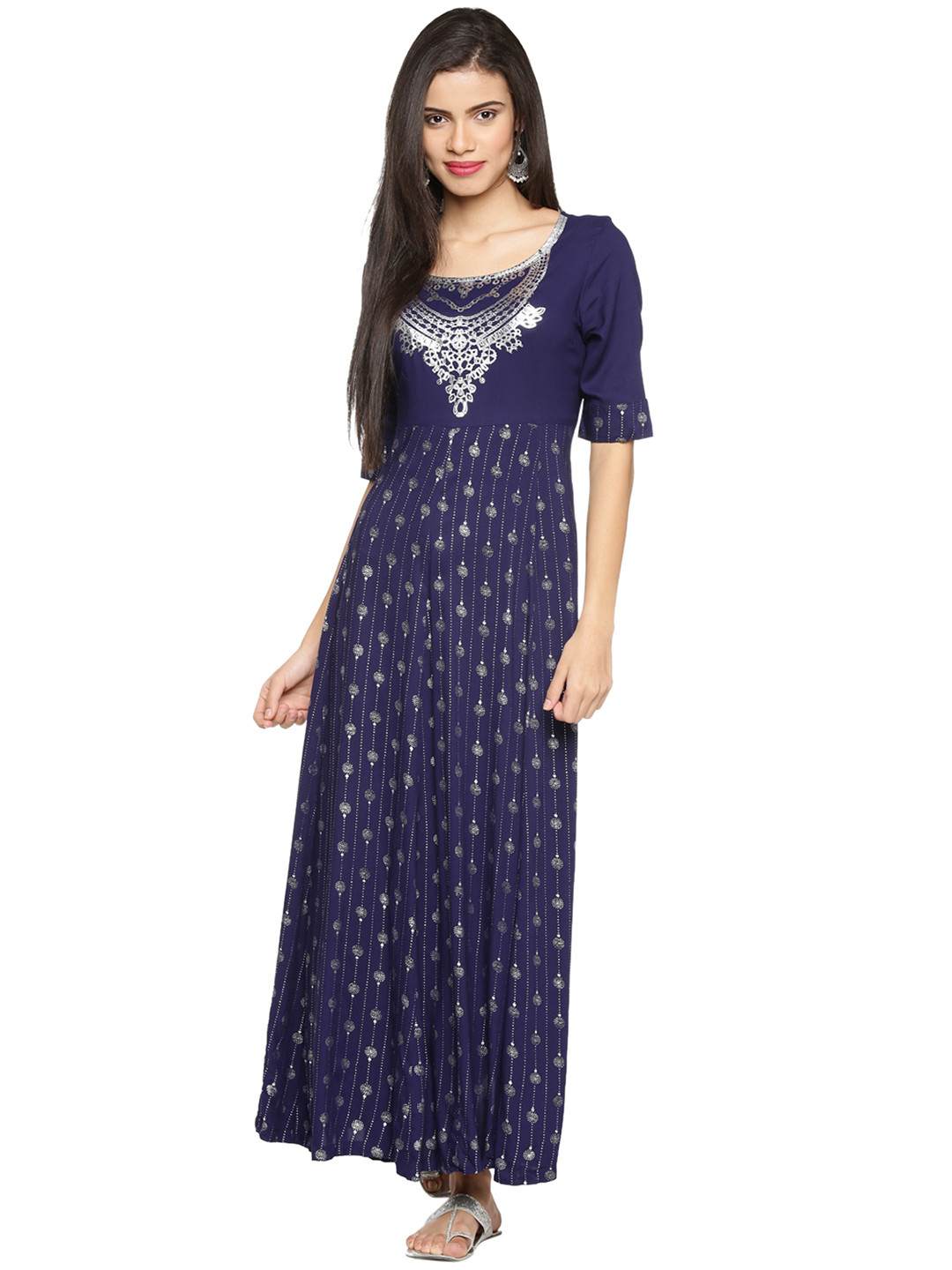 Buy AKKRITI BY PANTALOONS Women Navy Blue & Silver Toned Printed Maxi