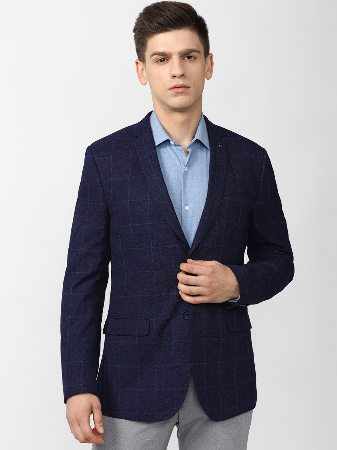Men's Navy Blue Checked Slim Fit Shacket