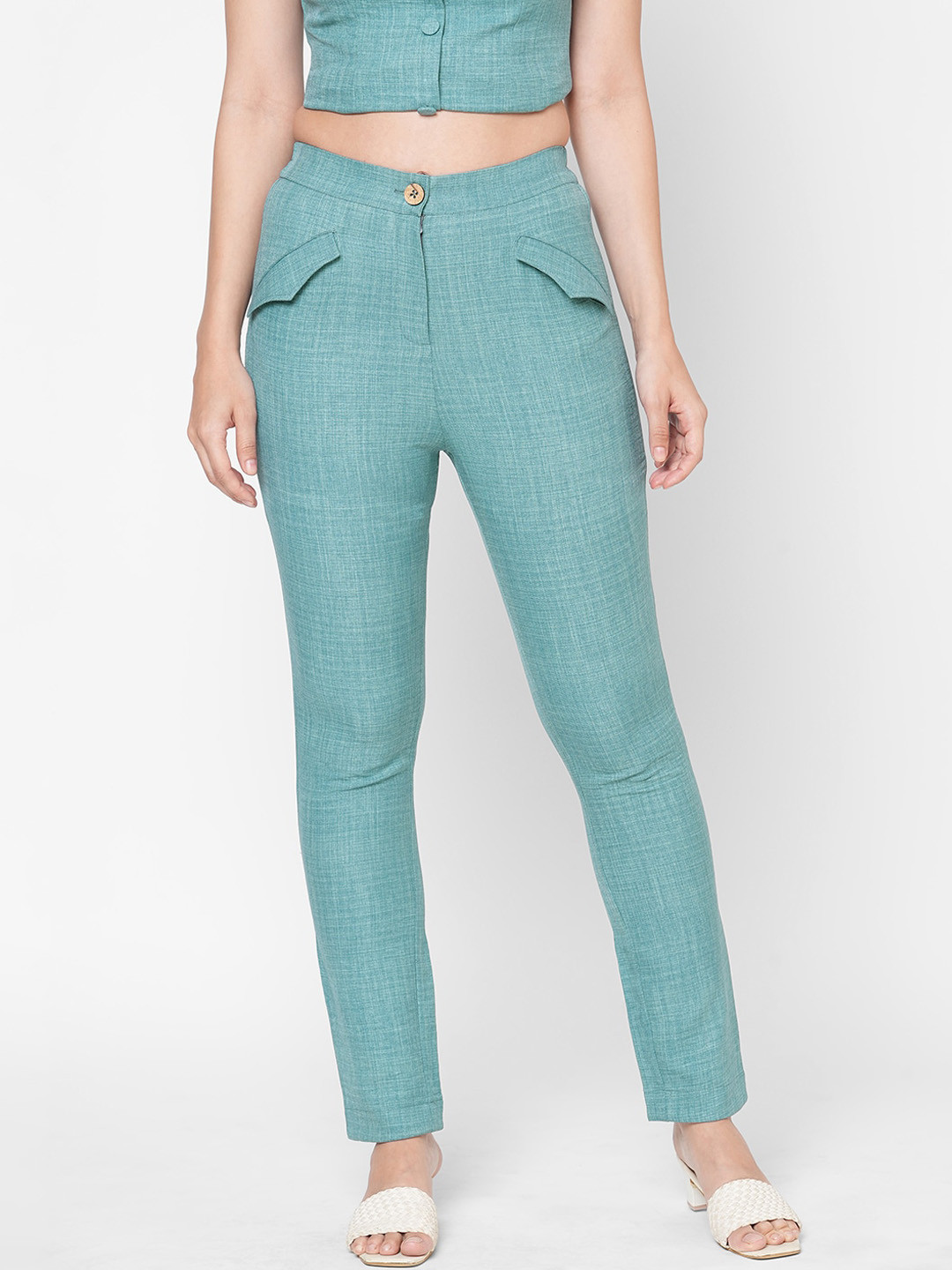 Women's Green Mid-Rise Easy Wash Trousers