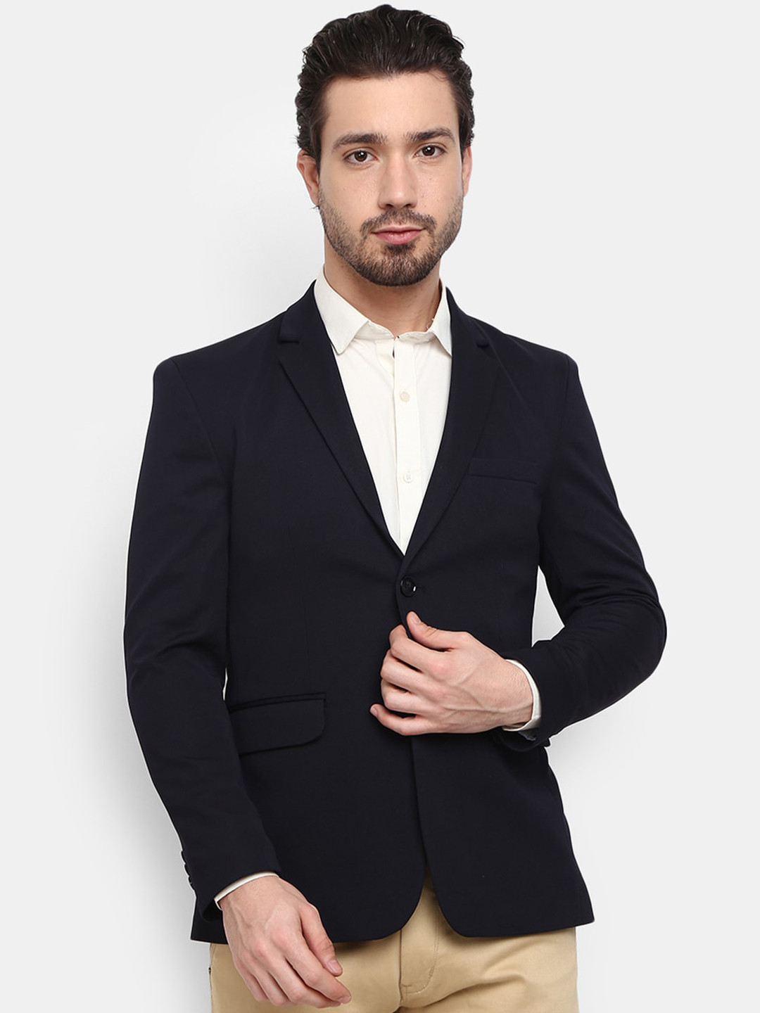 Men's Navy Blue Solid Single Breasted Blazer