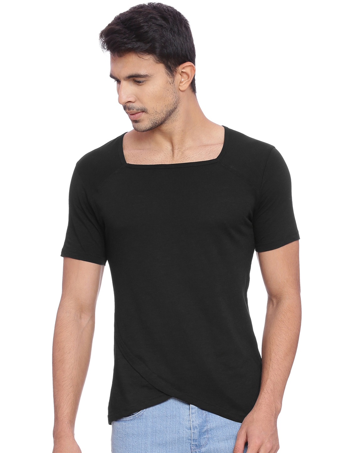 Buy KULTPRIT Men Black Solid Square Neck T Shirt - Tshirts for Men ...