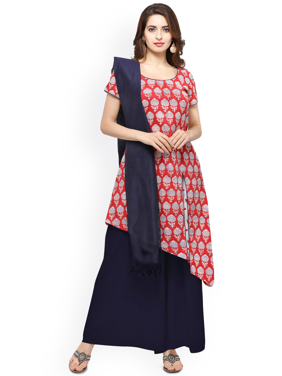 Buy Inddus Red & Blue Pure Cotton Unstitched Dress Material Dress
