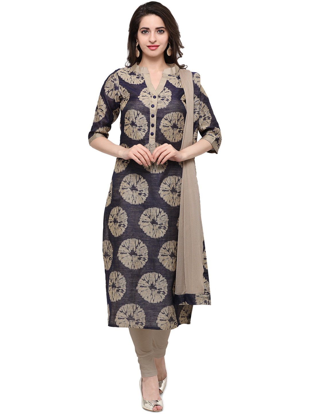 Buy Inddus Blue & Beige Cotton Blend Unstitched Dress Material Dress Material for Women