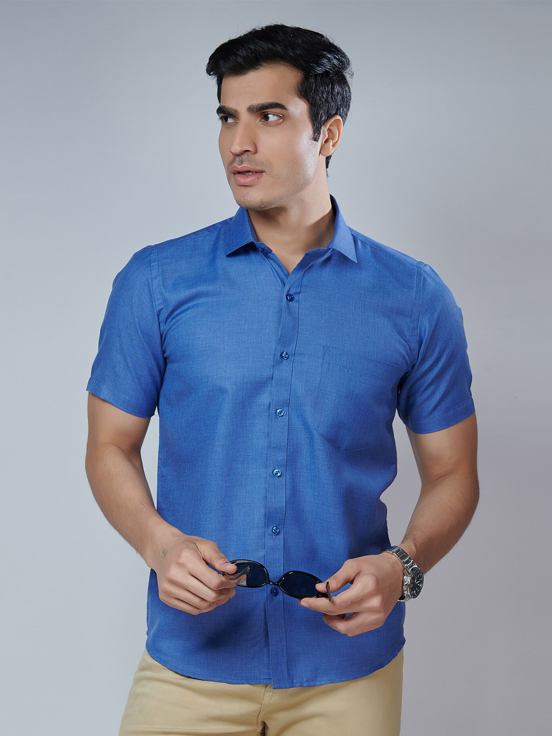 Buy MARK & ALBERT Men Blue Classic Slim Fit Cotton Formal Shirt