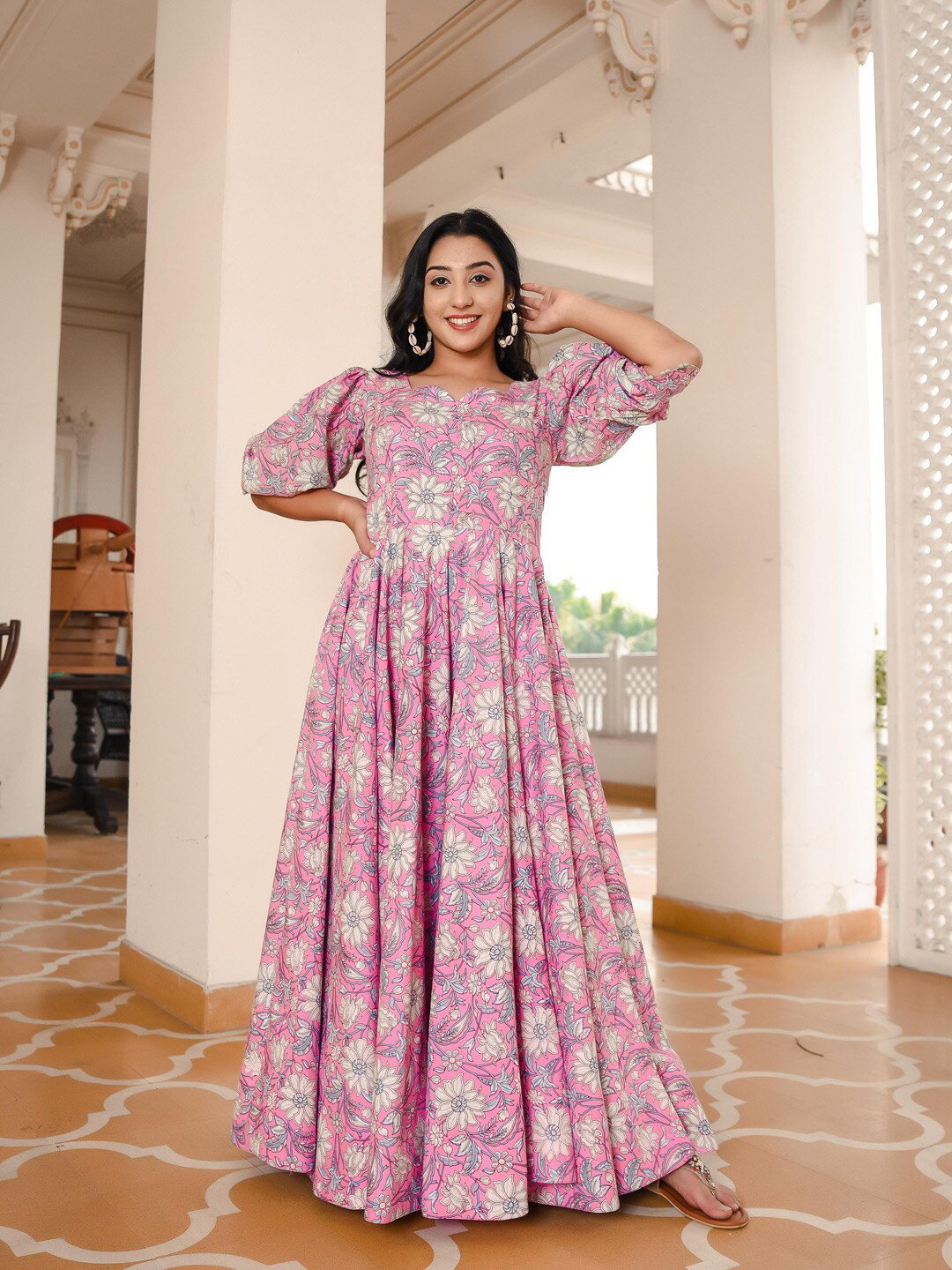 Women Indian Floral Printed Puff Sleeves Maxi Ethnic Dress