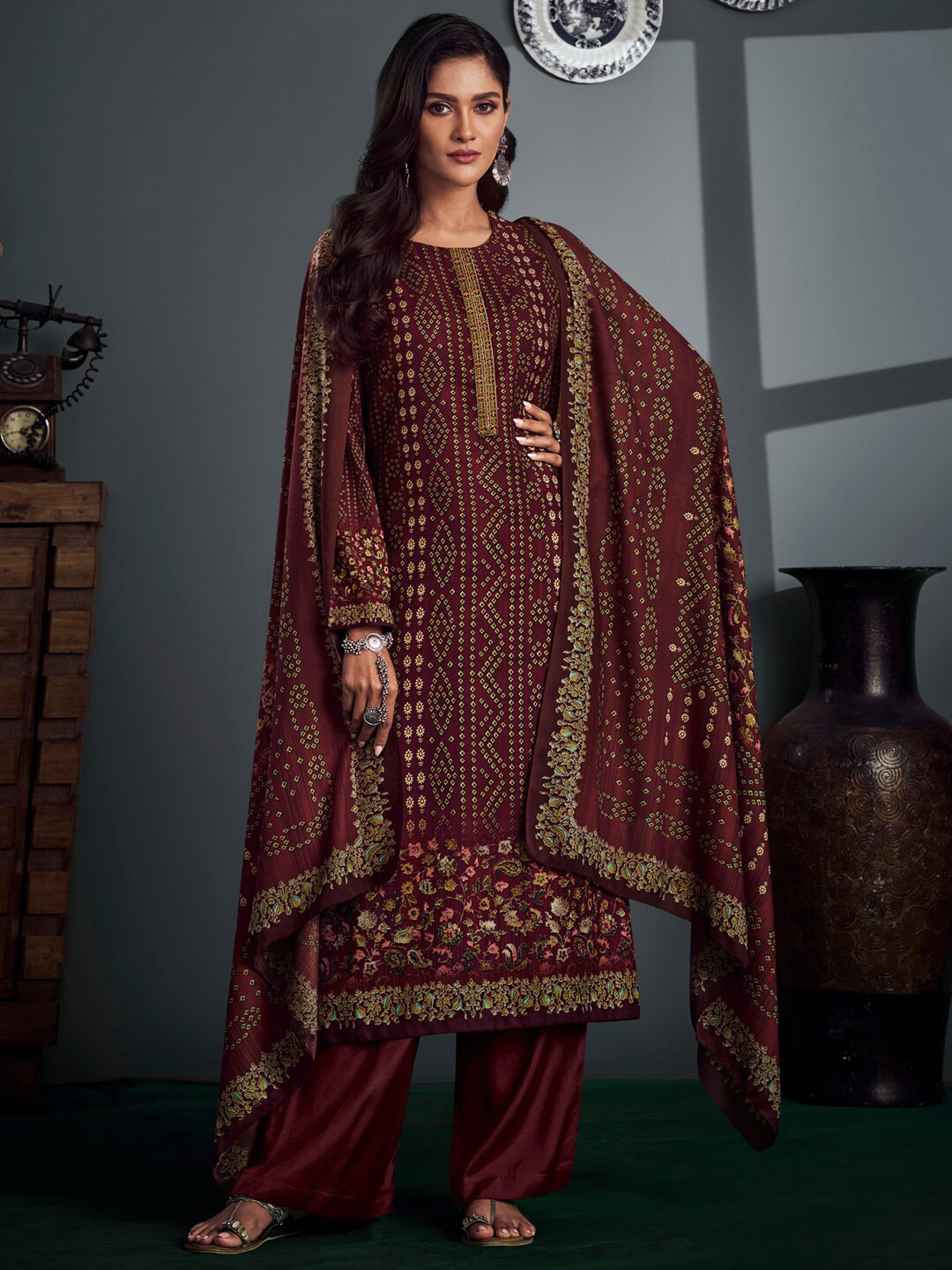 Buy Stylee LIFESTYLE Maroon & Gold Toned Printed Unstitched Dress