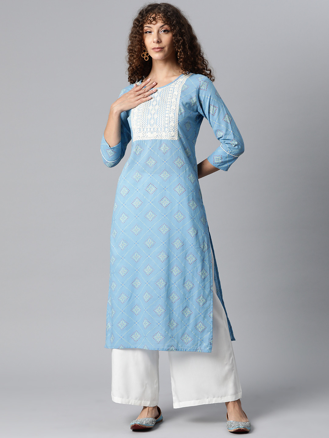 Women Green & Yellow Bandhani Print Kurta With Palazzos main image 1
