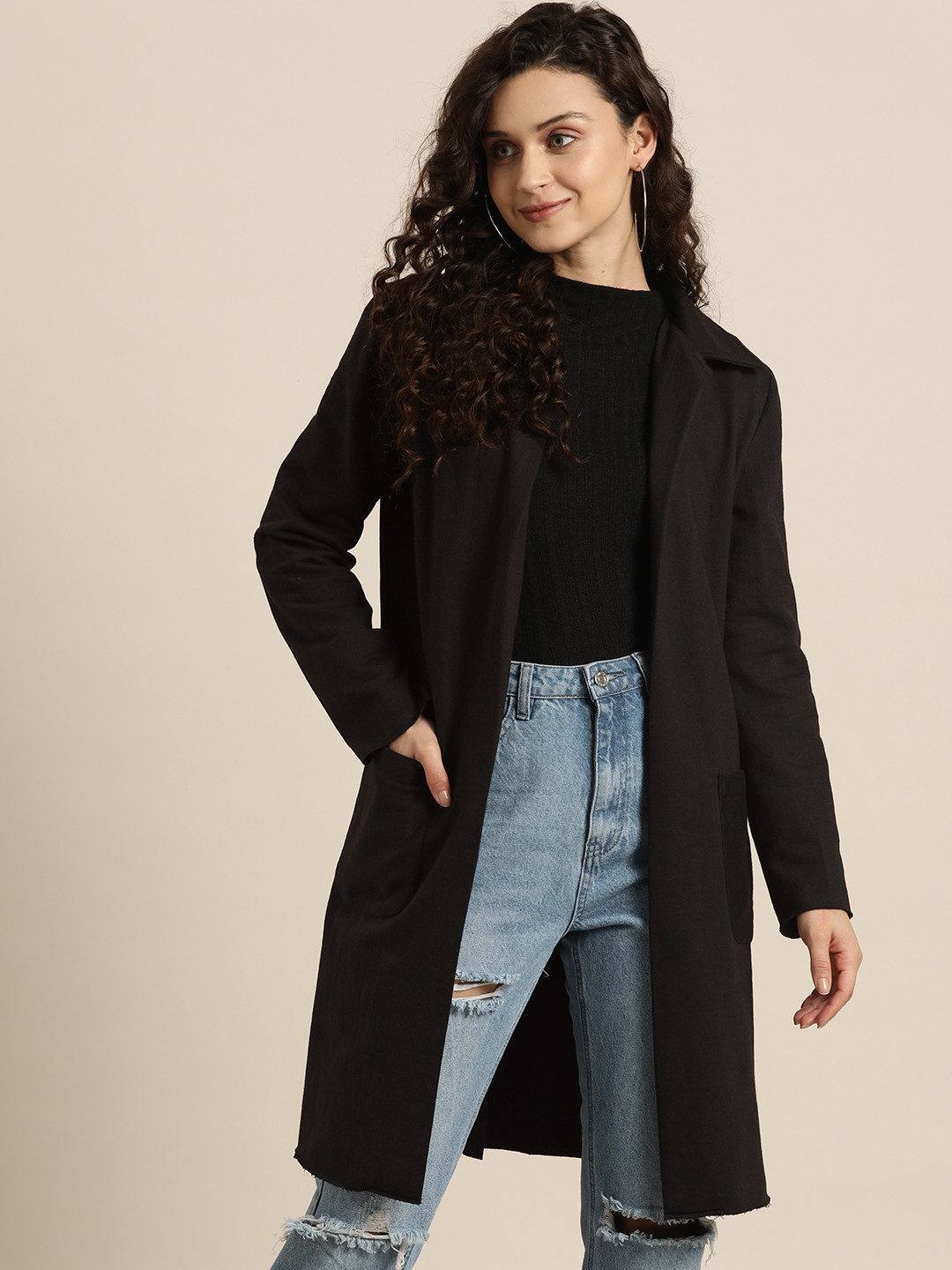 Buy Qurvii Women Black Fleece Longline Open Front Jacket Jackets for Women 20685938 Myntra